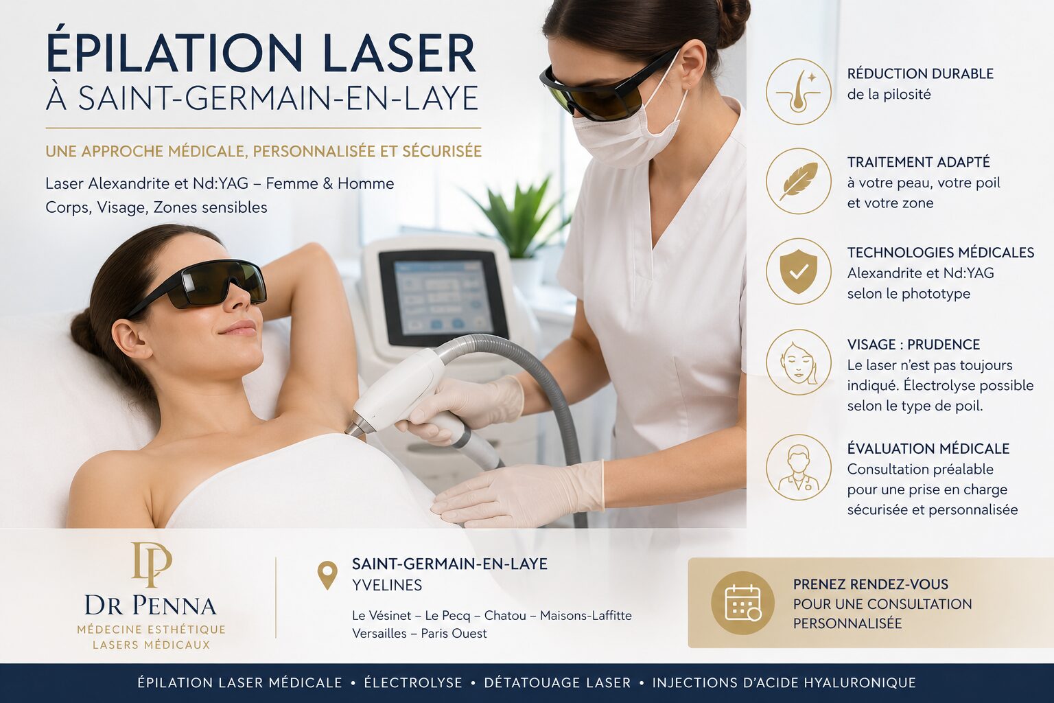 Épilation laser médicale à Saint-Germain-en-Laye au cabinet du Dr Penna avec laser Alexandrite et Nd:YAG pour femmes et hommes